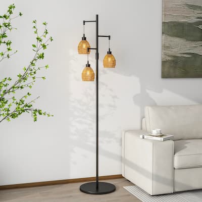 3-Lights Boho Floor Lamp with Rattan Shades