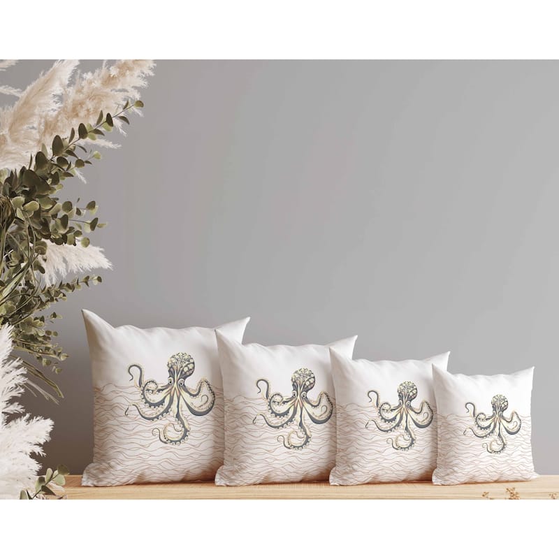 Oceanic Octo Art Indoor/Outdoor Reversible Throw Pillow Grey and Ivory