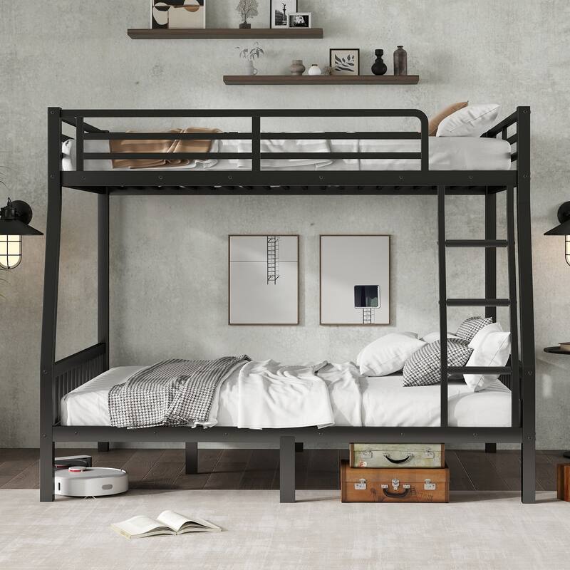 Full XL Over Queen Bunk Bed with Safety Guardrails Heavy-Duty 600lb Capacity Metal Frame with Ladder & Slat Support