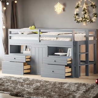 Elegant design Twin Size Loft Bed with 4 Drawers, Underneath Cabinet and Shelves, Space-saving, Solid Construction, Grey