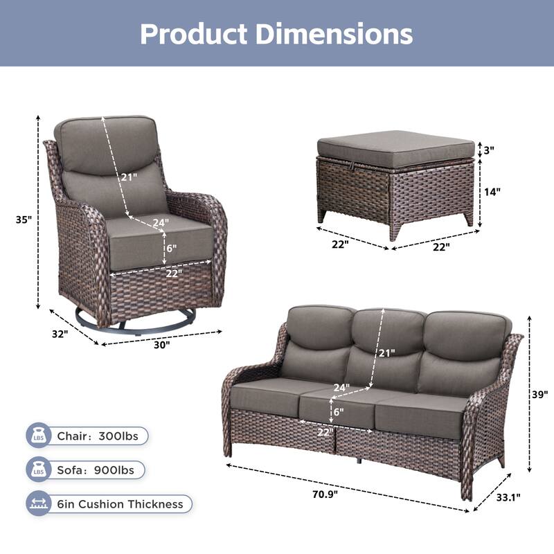 Arcadia 7-Piece Wicker Patio Conversation Set with Swivel Gliders and 6-Inch Thick Olefin Cushions