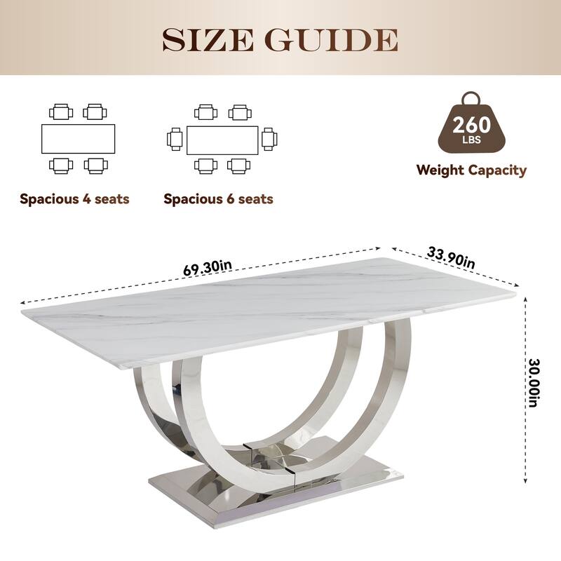 69.3 Inch Rectangular Dining Table with White Marble MDF Top, Silver Mirror Stainless Steel Legs, Seats 4-6
