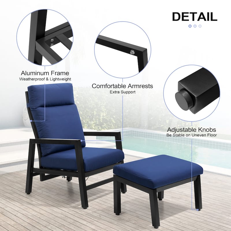 Aluminum Adjustable Back Patio Lounge Chairs and Ottoman with Cushion for Outdoor Indoor - See Picture