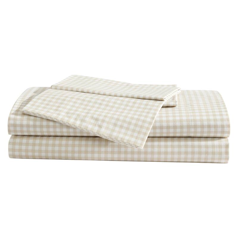 Eddie Bauer Printed Cotton Percale Deep Pocket Sheet Set - Queen - Little Gingham Beige