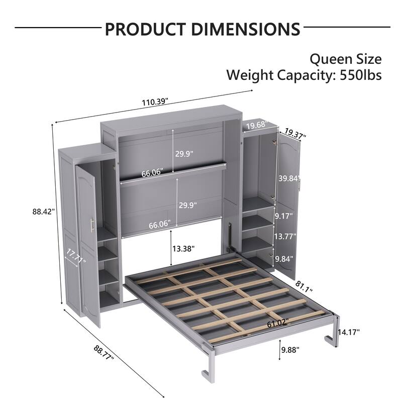 Space-Saving Queen Murphy Bed with Dual Wardrobes & Storage Shelf, Foldable Platform Bedframe for Guest Room or Bedroom, Gray