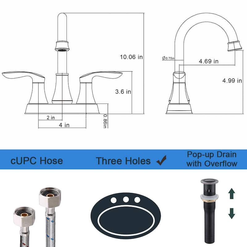 2-Handle 4-Inch Oil Rubbed Bronze Bathroom Faucet, Bathroom Vanity Sink Faucets with Pop-up Drain and Supply Hoses