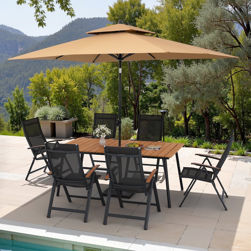 9PC Outdoor Patio Dining Set Wood-Like Aluminum Umbrella Hole Table with Folding Chairs,Double Top Market Umbrella and Base - BrownTable&BlackChairs&TanUmbrella