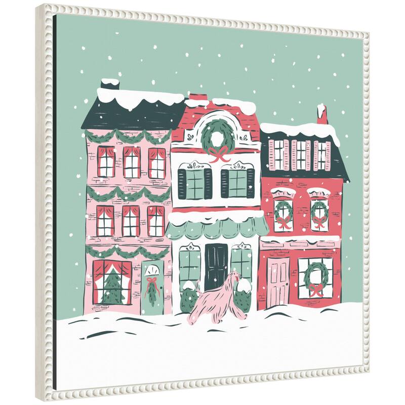 Kate and Laurel Sylvie Beaded Snowy Christmas Village Framed Canvas by Krissy Mast - White