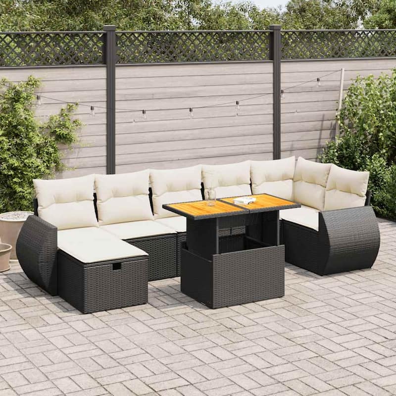 vidaXL Patio Sofa Set with Cushions Outdoor Conversation Furniture Poly Rattan - 21.7 x 24.4 x 27.2 - Black+Cream-Table+3 corner+3 middle+footrest
