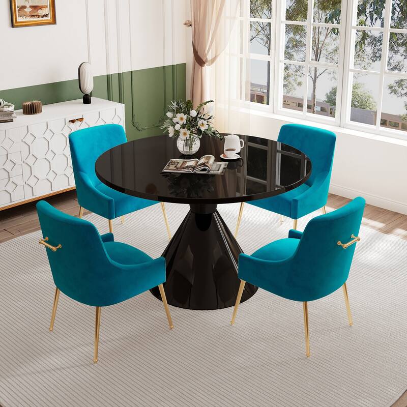 48" Light Luxury Black High Gloss Large Countertop Dining Table with Velvet Dining Chair Set