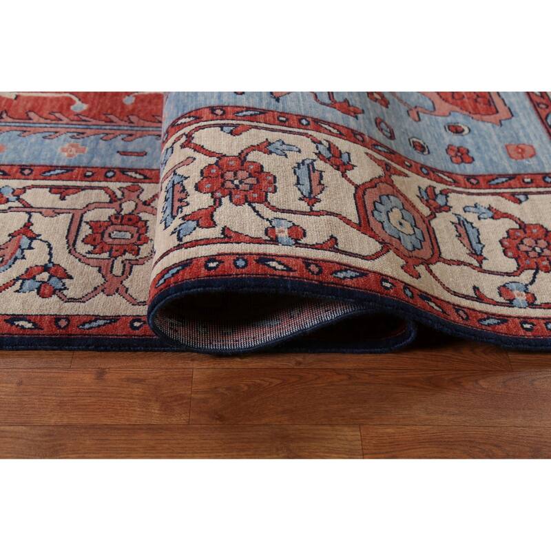Red/ Ivory/ Blue Heriz Serapi Turkish Area Rug Handmade Wool Carpet - 9'0" x 12'0"