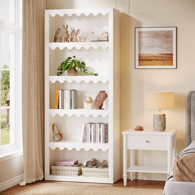 5-Tier White Bookcase, Wooden Tall Bookshelf for Living Room