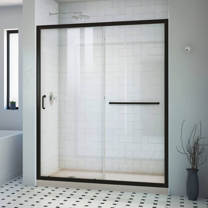 DreamLine Infinity-Z 30 in. D x 60 in. W x 74 3/4 in. H Sliding Shower Door and Shower Base Kit - 30 X 60 - Satin Black, Biscuit Base, Left Drain