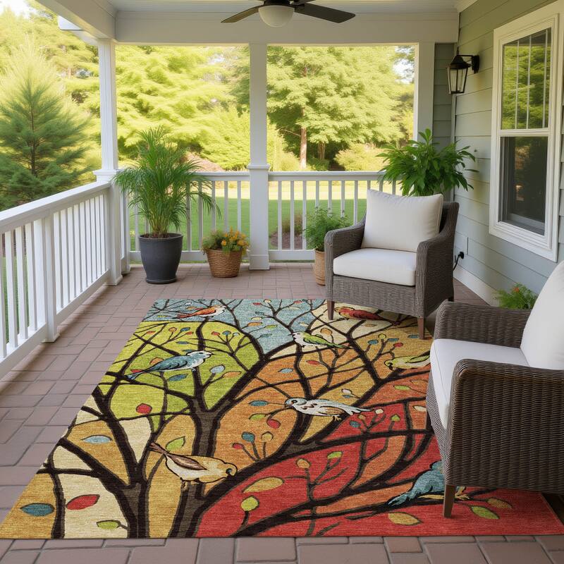 Machine Washable Indoor/ Outdoor Bird Mosaic Chantille Rug