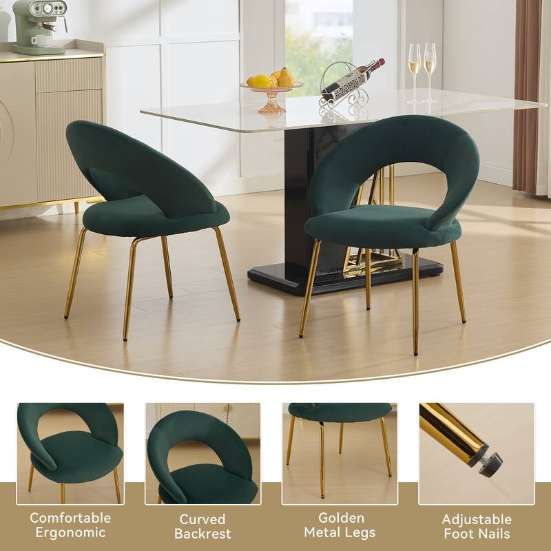 Set of 1 Dining Chairs With Curved Backrest and Golden Metal Legs - Green