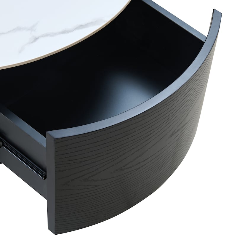 Modern Round Movable Coffee Table with Casters, 2 Drawers, Marble Pattern Sintered Stone Top, 29.5"