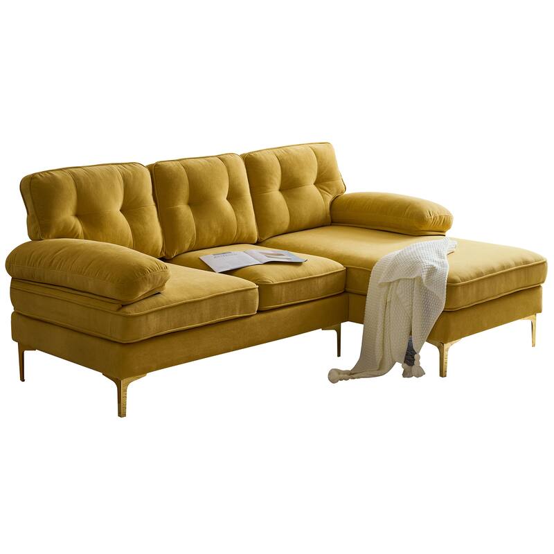 Velvet Sectional Sofas Couches with Pillow Top Arms and Upholstered Backrest, Modern L-Shaped Couches with Metal Legs