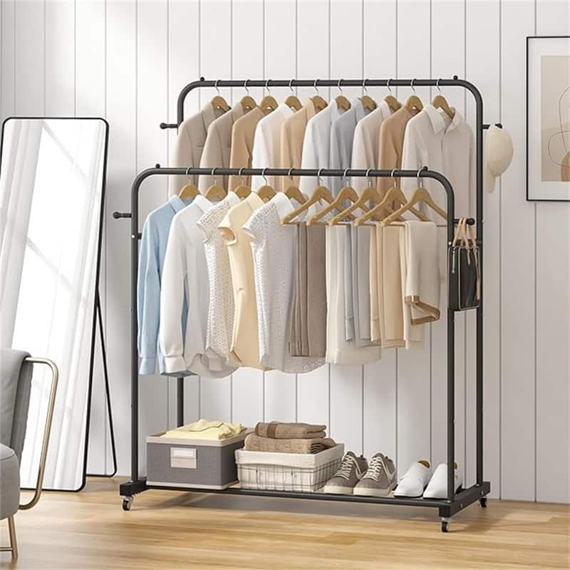 Double Rods Garment Rack with Wheels - 16.73"D x 39.76"W x 66.55"H