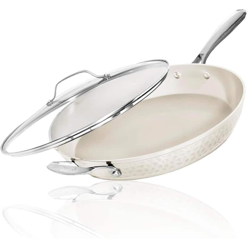 Gotham Steel Hammered Cream Nonstick Frying Pan 14" Large Skillet With Glass Lid