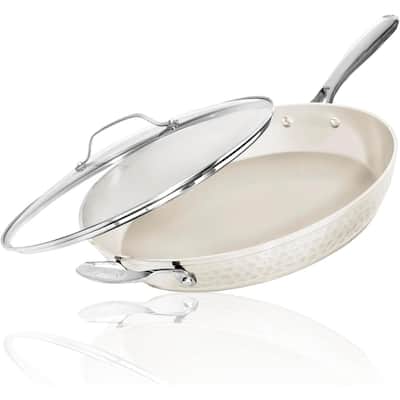 Gotham Steel Hammered Cream Nonstick Frying Pan 14" Large Skillet With Glass Lid