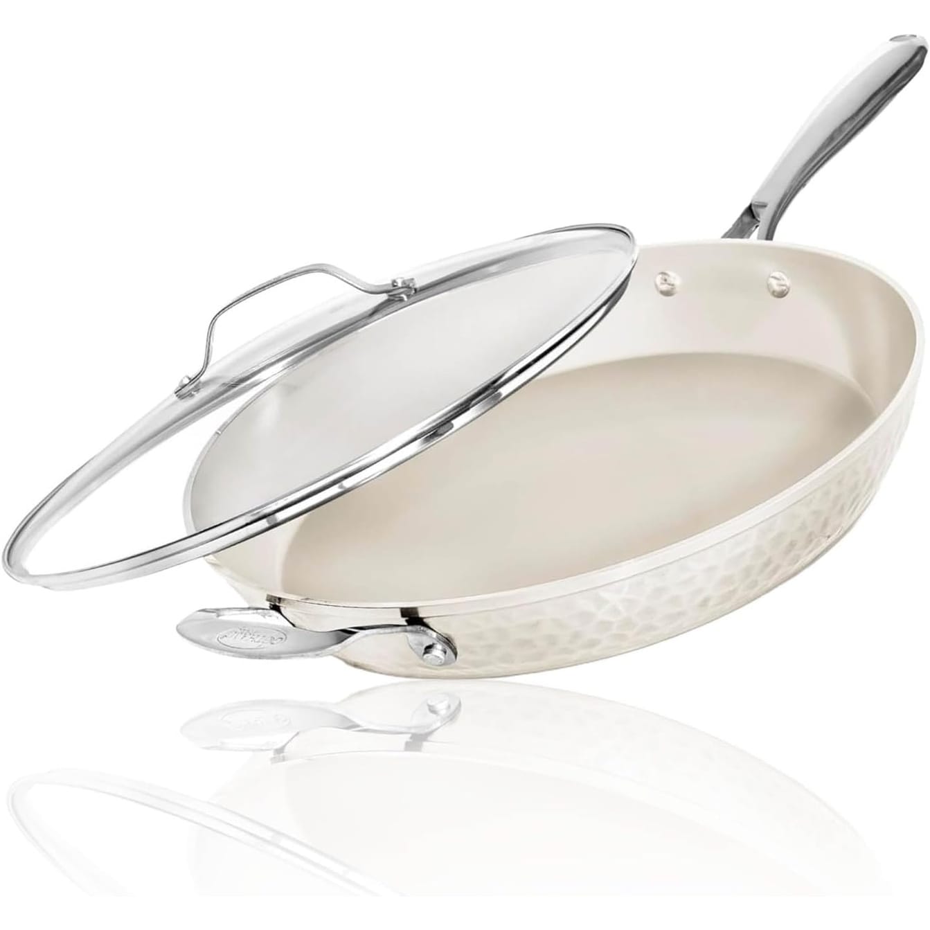 Gotham Steel Hammered Cream Nonstick Frying Pan 14" Large Skillet With Glass Lid