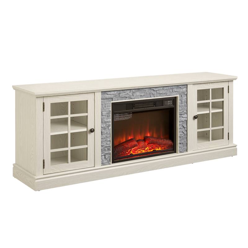 Fireplace TV Stand with 23" Electric Fireplace, Faux Stacked Stone Surround Media Cabinet TV Console for TVs up to 75"