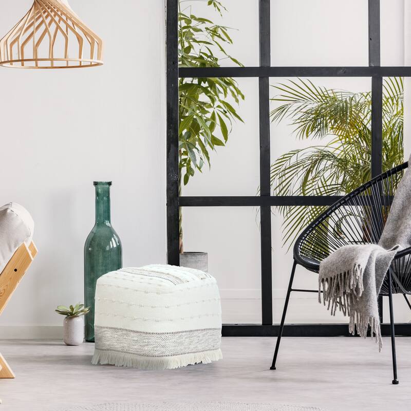 Sevita Ivory and Beige Farmhouse Chic Shag Textured Pouf Ottoman