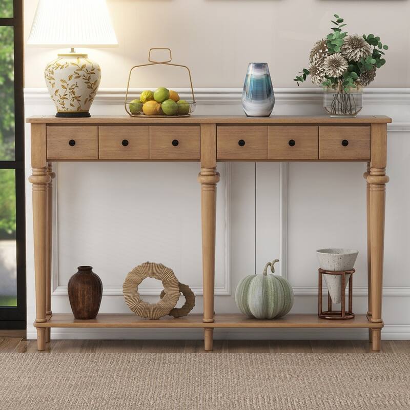 Retro Console Table with Open Shelf and 4 Drawers for Entryways