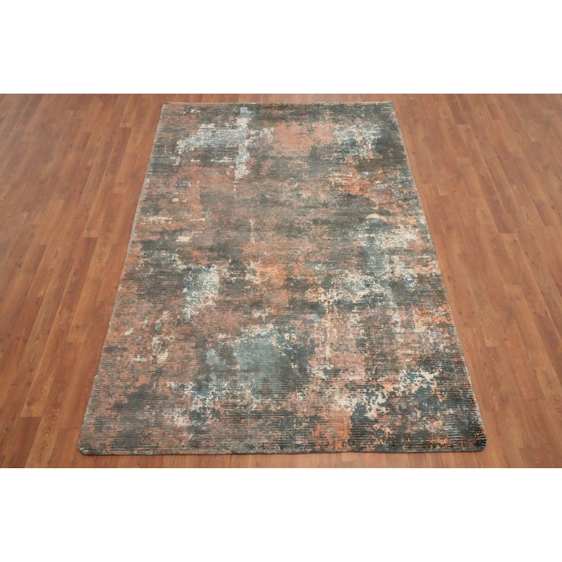 Hand Knotted Oriental Viscose Silk Carpet Modern Abstract Oranges & Rust Abstract Area Rug - 8' 0'' X 5' 1''