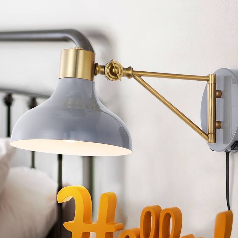 Lisa Swing Arm 1-Light Modern Midcentury Iron USB Charging Port LED Sconce, by JONATHAN Y - Gray