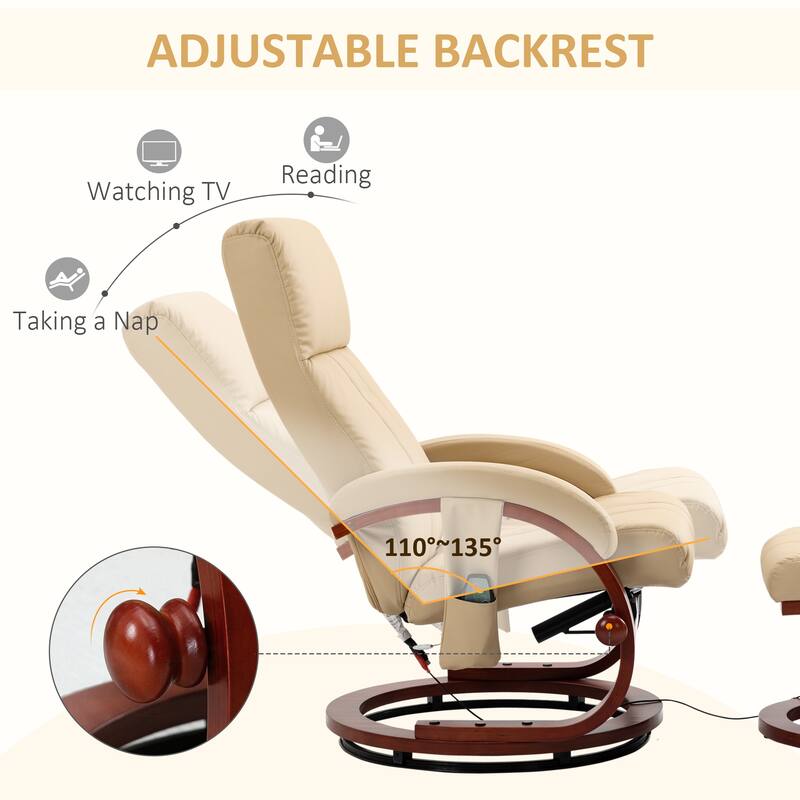 Modern Swivel Wood Base Leather Massage Recliner Chair with Ottoman, 10 Point Vibrating, 5 Modes, Remote and Side Pocket