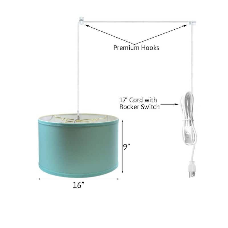 1 Light Swag Plug-In Pendant 16"w Island Paradise Linen Drum Shade, 17' White Cord