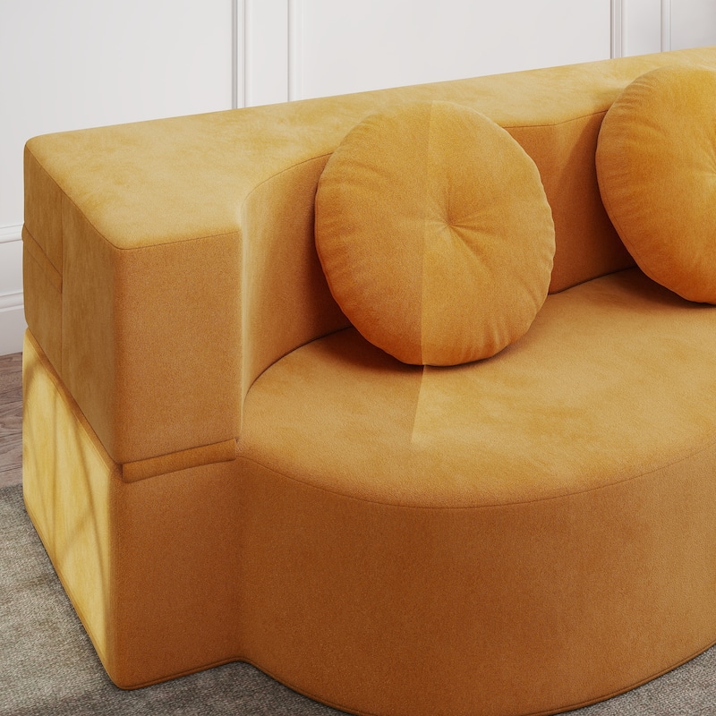 Modern Floor Sofa with 2 Pillows, Convertible Plush Corduroy Foam-Filled Sleeper Sofa Bed, 14.2" Full Size Folding Mattress