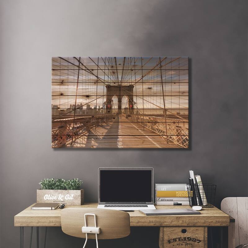 Brooklyn Bridge At Sunset, New York City, New York, USA Print On Wood by Matteo Colombo - Multi-Color