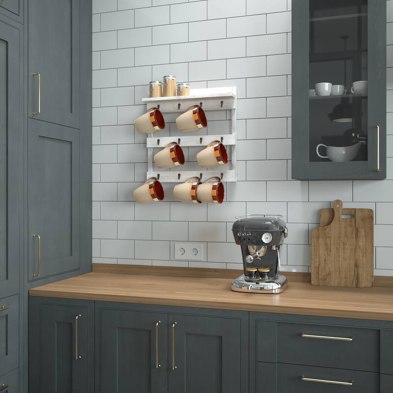 Wall Mount Coffee Mug Rack with Upper Storage Shelf - White Wash