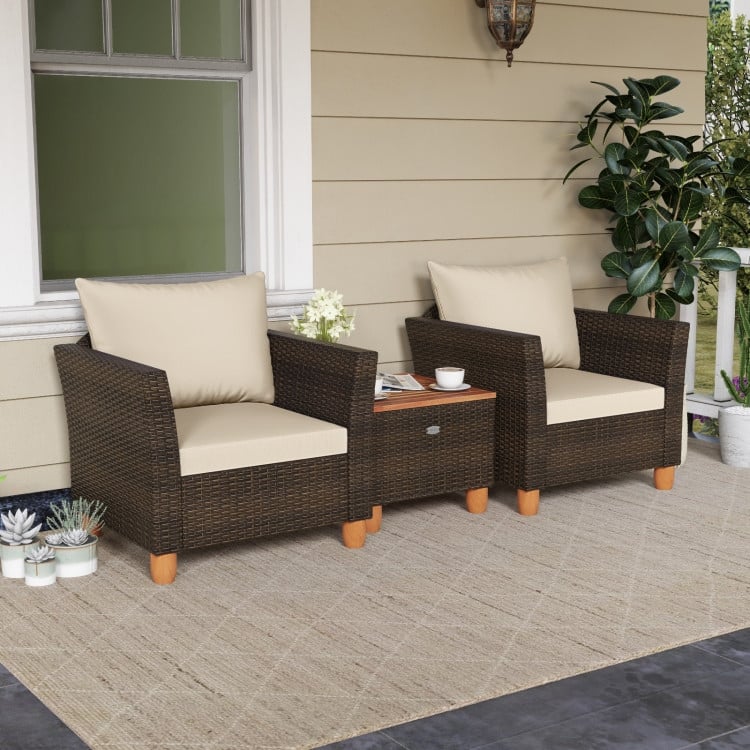 3 Pieces Patio Rattan Bistro Furniture Set with Wooden Table Top - Beige