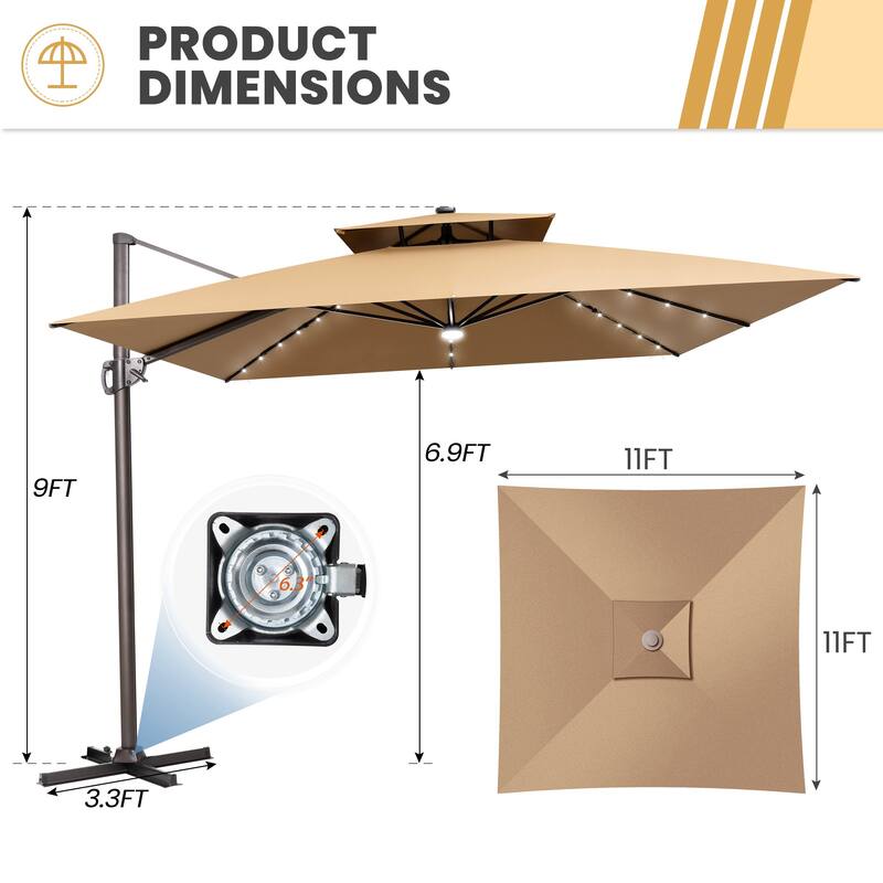 11 FT Square Outdoor Double Top Solar Powered LED Patio Cantilever Umbrella