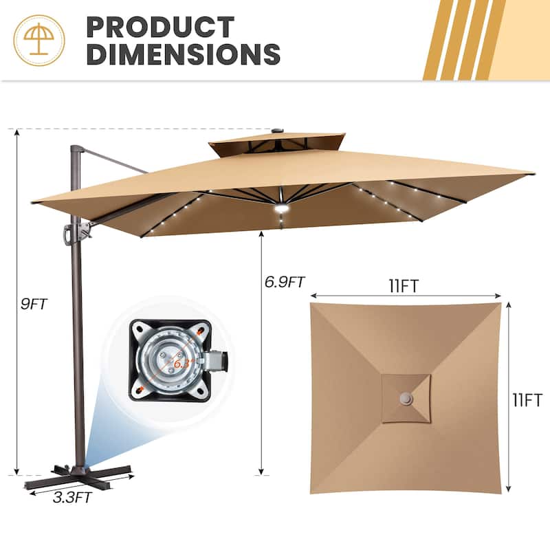 11 FT Outdoor Solar Powered LED Patio Cantilever Umbrella Double Top Square Umbrella