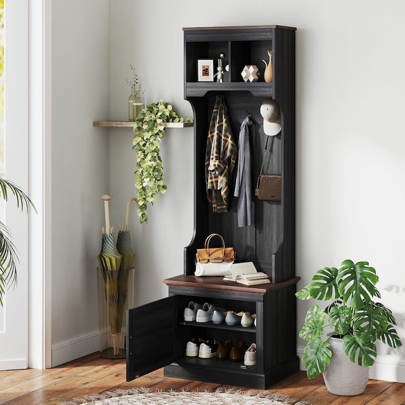 Multi-Functional Hall Tree with Bench Coat Rack Shoe Storage and Top Storage Compartments - 23.1" W x 15.7" D x 70.9" H