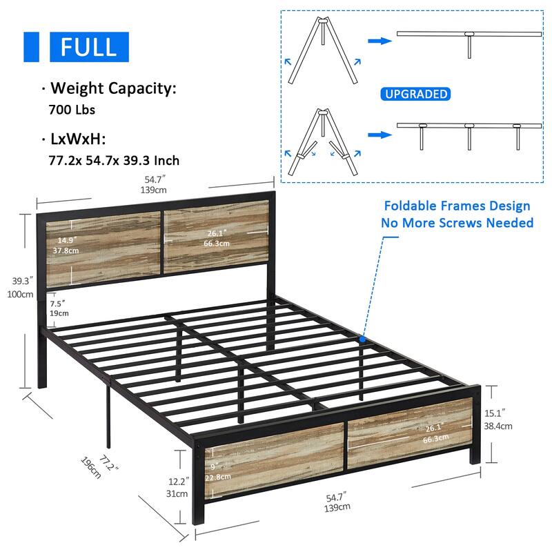 VECELO Platform Bed Frame with Wooden Headboard, Heavy Duty Steel Slats Support, No Box Spring Needed