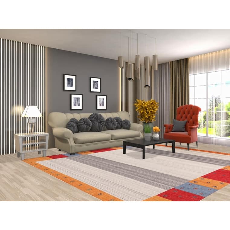 Modern Gabbeh Oriental Area Rug Hand-Knotted Beige Wool Carpet - 8'5" x 9'9"