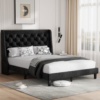 Diamond Tufted Queen Size Bed Frame – Faux Leather & Velvet Options with Button Tufted Headboard, Under-Bed Storage
