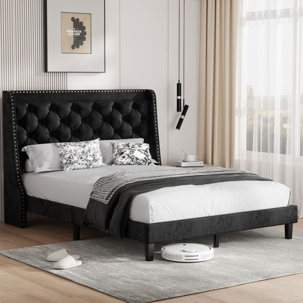 Diamond Tufted Queen Size Bed Frame – Faux Leather & Velvet Options with Button Tufted Headboard, Under-Bed Storage