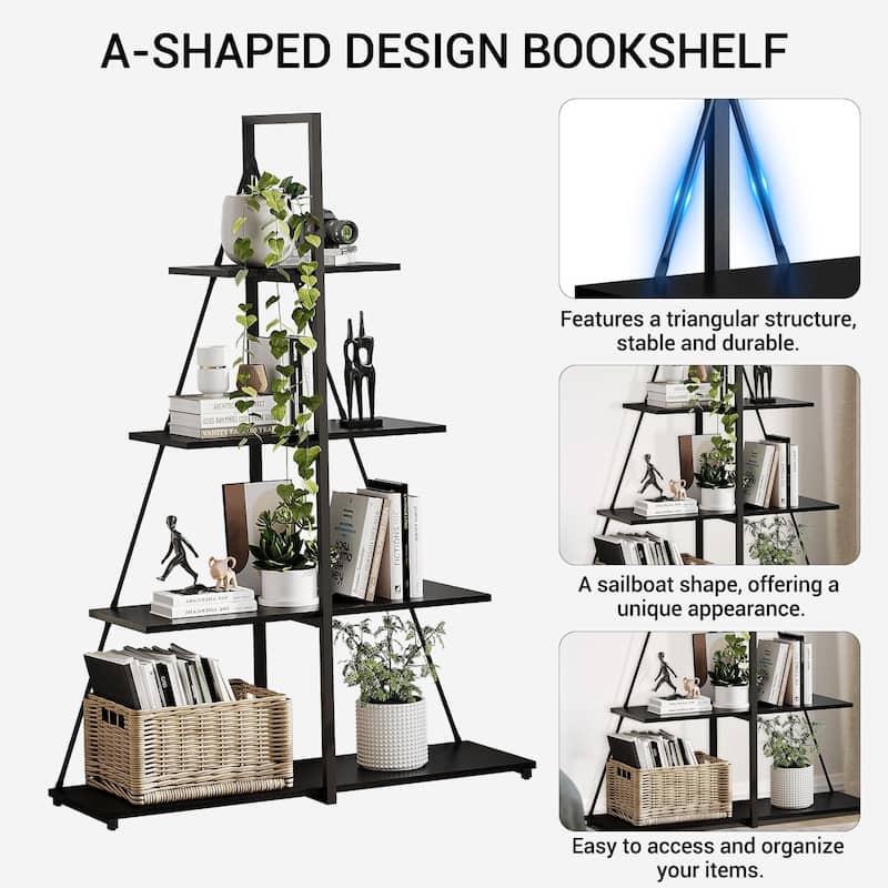 4-Tier A-Frame Ladder Bookshelf, Brown Stylish Ladder Bookcase