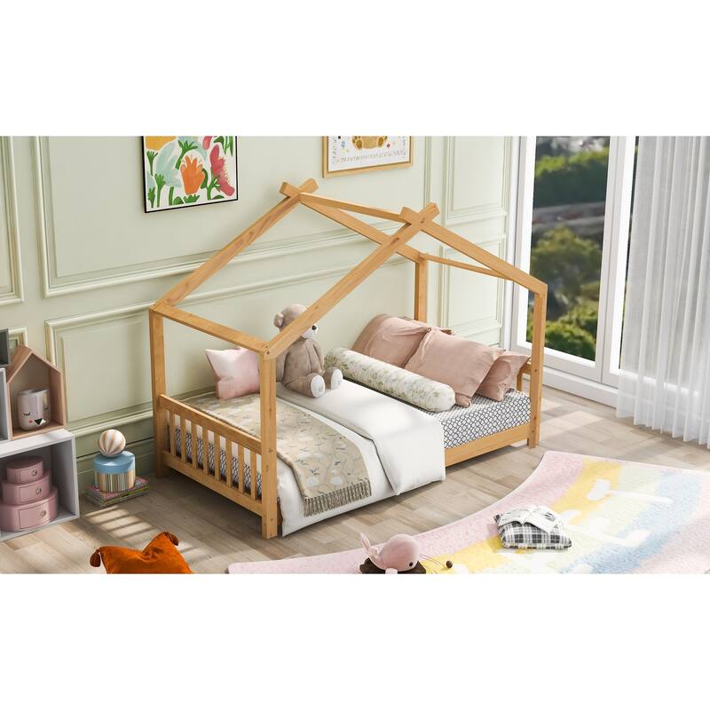 Twin Size House Platform Bed with Headboard and Footboard, Roof Design, Natural Wood