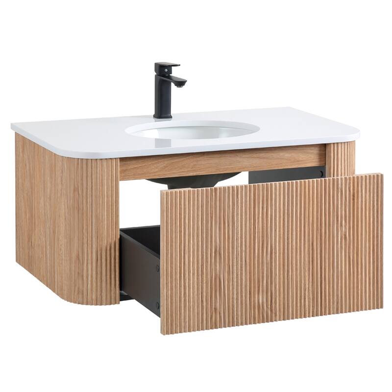 36" Wall Mounted Bathroom Vanity with Sink Curved Design, Soft Close Drawer