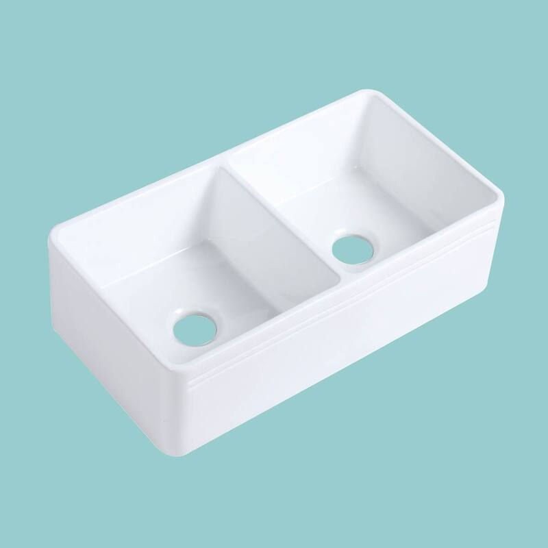 Double Bowl Farmhouse Kitchen Sink 33" Undermount Reversible Sink White Rectangular Double Basin with Drains Renovators Supply
