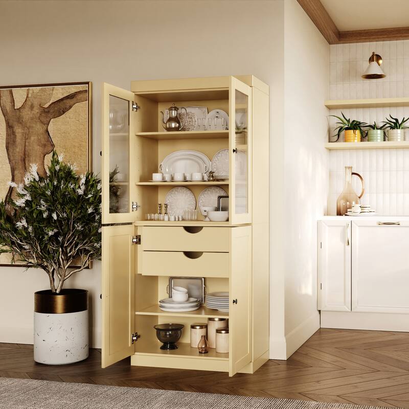 Palace Imports 100% Solid Wood 32" Pantry Cabinet with Clear Glass, Shaker Doors, 2-Drawers and Adjustable Shelves - Yellow