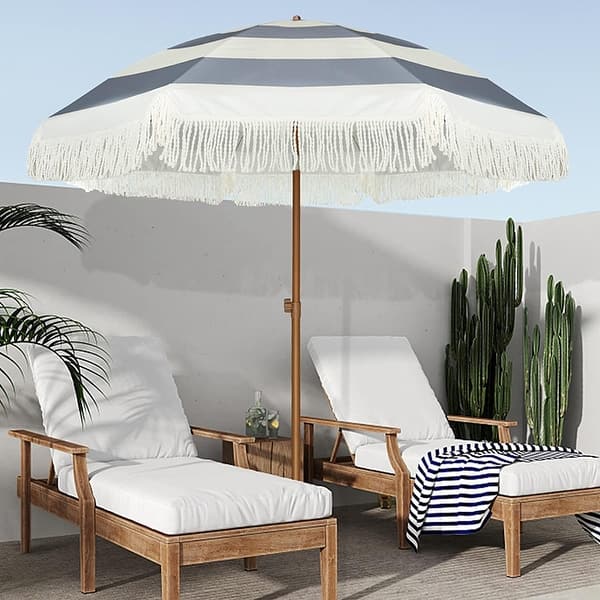 7.5 ft striped patio umbrella GARSING 7.5ft Metal Striped Outdoor Beach Umbrella with Tassel in Blue  FN-7_5FT-STR-BL