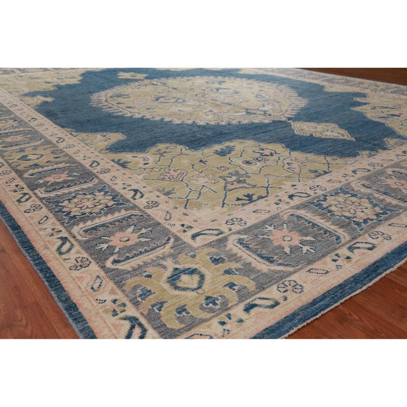 Hand Knotted Oriental 100% Wool Carpet Transitional Medallion Navy Blue & Blues Oushak Area Rug - 14' 9'' X 11' 10''